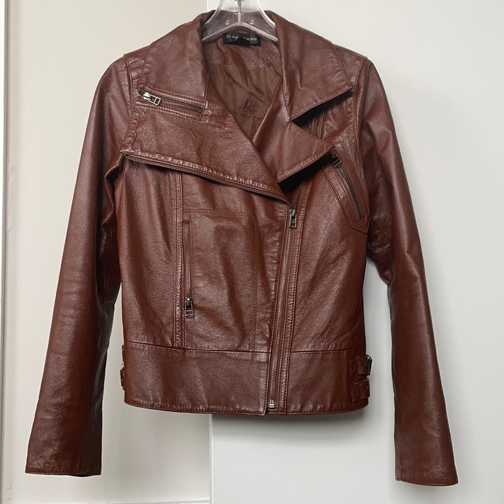 Bagatelle Genuine Leather Brown Moto Jacket, Size S